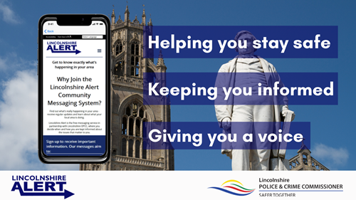 Mobile phone featuring the front page of Lincolnshire Alert. Background is the Boston Stump. Text reads: helping you stay safe, keeping you informed, giving you a voice.