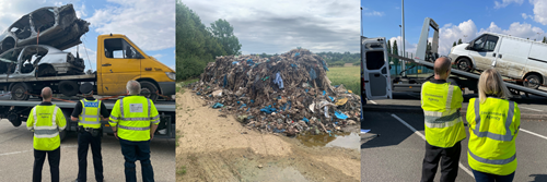 Montage of photos showing cars and a van on the back of a recovery truck. A huge quantity of fly-tipped rubbish on the edge of a field.