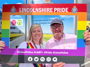 Deputy PCC Phil Clark and Stephanie Marwood holding up a 'Lincolnshire Pride' frame